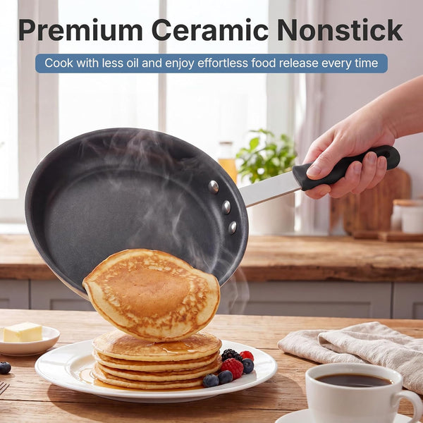 8 Inch Nonstick Frying Pan, Heavy-Gauge Aluminum Skillet with Ceramic Nonstick Coating, Stainless Steel Base & Handle, Omelet Pan for Induction, Electric, Gas, PFAS Free, Oven Safe, Black Handle2