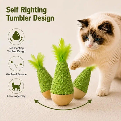 2-Pack Interactive Self-Righting Wobble Cat Toy with Feather, Fluffy Plush Wooden Tumbler for Bored Adult Indoor Cats Silent Self Play Cat Enrichment Toy, Green & Brown2