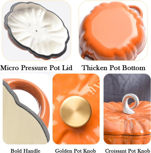 Cast Iron Dutch Oven, Pumpkin Shape Casserole Cooking Pot with Lid | Non-Stick Soup Pots Halloween Cooking Pot Enamel Cookware Crock Pots for Soup Porridge Stew4
