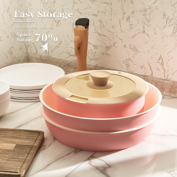 6 Pieces Kitchen Non-Stick Cookware Sets with Removable Handle, Stackable Pots and Pans Set Nonstick for Induction Gas Rvs Camping Space Saving，Pink5