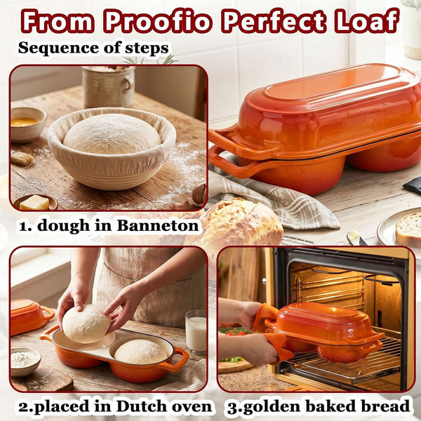Cast Iron Bread Pan with Lid, Double Dutch Oven for Sourdough Bread Baking, 2 round Loaf Compartments + 2Pack 5-Inch Baking Bowls and 2 Anti-Scald Clips, Oven Safe to 500°F, Dutch Oven Red7