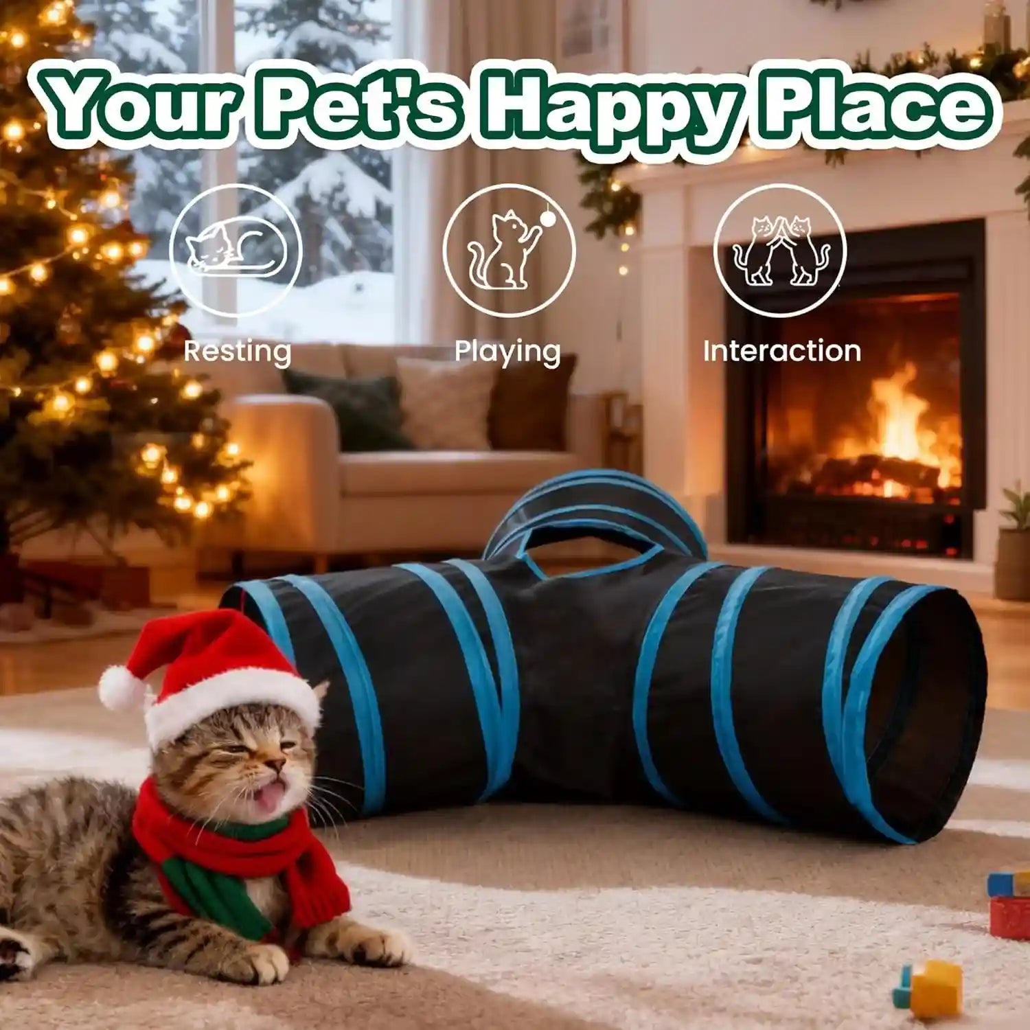 love-s-cabin-cat-tunnel-for-indoor-cats-3-way-collapsible-play-tunnel-with-teaser-wand-peek-holes-toy-ball-small-pet-toy-for-kittens-rabbits-black-blue-small-size