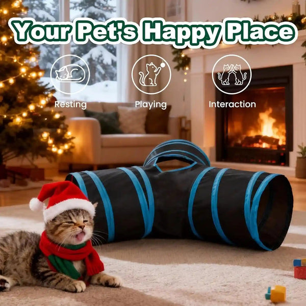 Love’S Cabin Cat Tunnel for Indoor Cats, 3-Way Collapsible Play Tunnel with Teaser Wand, Peek Holes & Toy Ball, Small Pet Toy for Kittens & Rabbits, Black & Blue, Small Size2