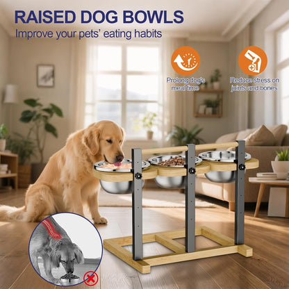 Elevated Dog Bowl,Bamboo Raised Dog Bowl,5-Height | Adjustable Dogs Food Bowls Stand,Dog Feeding Station with 3 Food and Water Bowls for Medium,Large Dogs5