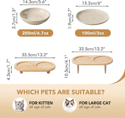 Havniva Elevated Cat Bowls, Cat Food and Water Bowl Set, Ceramic Cat Bowl | Raised Cat Food Bowls, Whisker Friendly, 5.6” Shallow Cat Dishes + 6” Wide Cat Plates, Non-Slip Wood Stand, Two Heights2