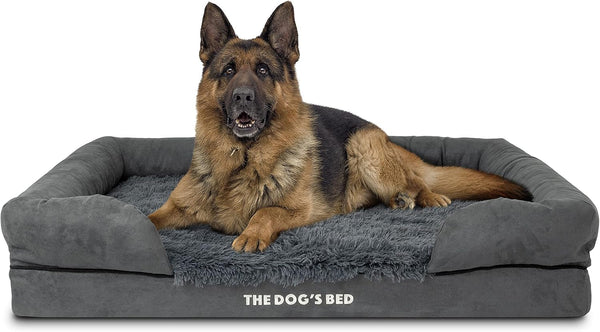 The Dog’S Bed Orthopedic Memory Foam Dog Bed with Bolsters for Large Dogs, High Density Support Mattress, Low Front Entry, Removable Washable Cover, Oxford Fabric, Blue with Dark Red Trim, Large32