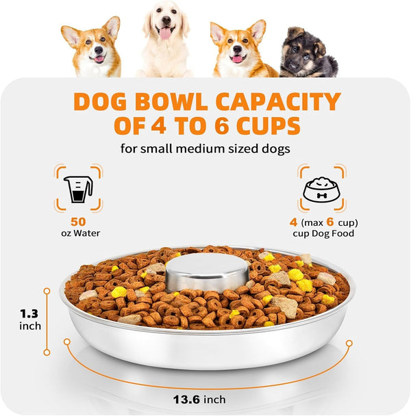 Stainless Steel Puppy Bowls 2 Pack, Pet Slow Feeder Bowls, Water Bowl, Feeding Weaning for Small Medium Large Dogs, Cat, Pets (2 Pack, Large：1.3” X 13.6”)4