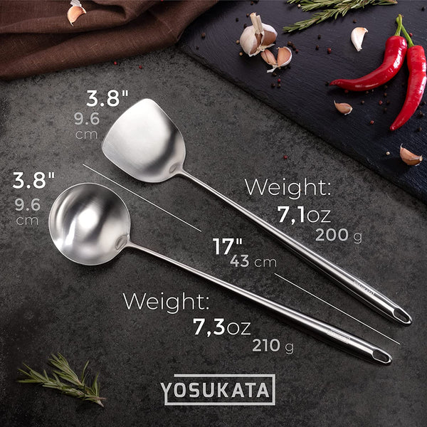 Flat Bottom Wok Pan - 13.5" Blue Carbon Steel Wok Flat Bottom Wok Pan + 17’’ Spatula and Ladle - Set of 2 Heat-Resistant Tools7