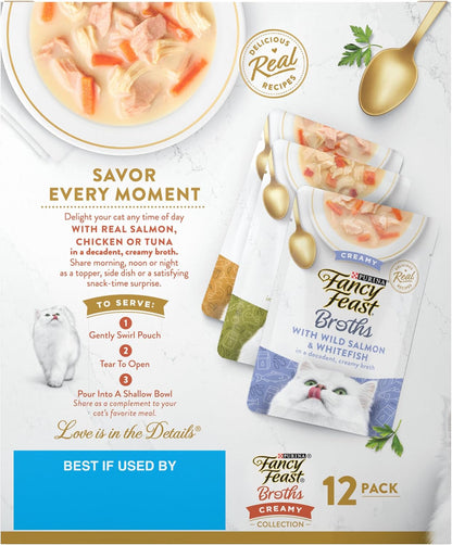 Fancy Feast Purina Grain Free Wet Cat Food Variety Pack, Broths Creamy Collection -12 1.4 Oz. Pouches | Variety Pack with Lickable Broth Topper. Contain No By-Products, Artificial Flavors, Colors or Preservatives8