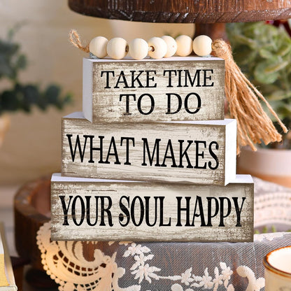 4 Pcs Farmhouse Tabletop Decoration Inspirational Tiered Tray Decor | Rustic Wooden Block Sign Take Time to Do What Makes Your Soul Happy Blocks with Beads Tassel,Home Shelf Centerpiece3