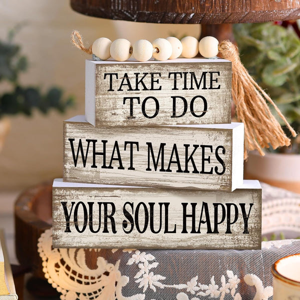 4 Pcs Farmhouse Tabletop Decoration Inspirational Tiered Tray Decor | Rustic Wooden Block Sign Take Time to Do What Makes Your Soul Happy Blocks with Beads Tassel,Home Shelf Centerpiece3