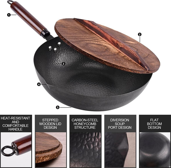 12.8" Carbon Steel Wok,11 Pcs Woks & Stir Fry Pans Wok Pan with Lid | Pre-Seasoned No Chemical Coated Chinese Pan with 10 Cookware Accessories, Flat Bottom Woks for Electric, Induction,Gas Stoves2