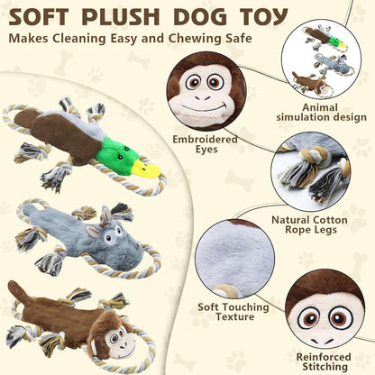 3 Pack No Stuffing Squeaky Dog Toys, Tug of War Dog Toy with Rope | Interactive, Squeaker & Crinkle Paper, Durable for Teeth Cleaning, Anxiety Relief, Dog Gifts for Small, Medium Dog3