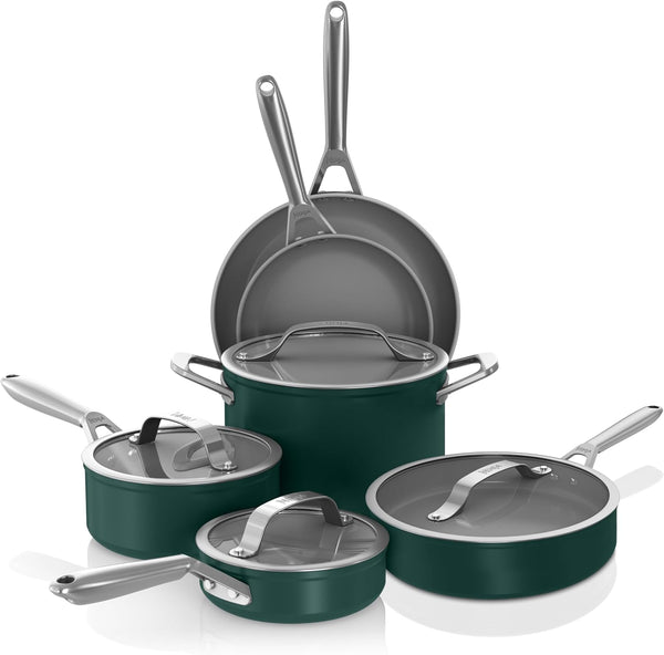 Ninja Ceramic Pro 10-Piece Cookware Set, Nonstick Pots & Pans Set with Glass Lids, Nontoxic, PTFE Free, Ceramic Coated, Oven Safe, All Stovetops & Induction Compatible, British Racing Green, CW39010GN1