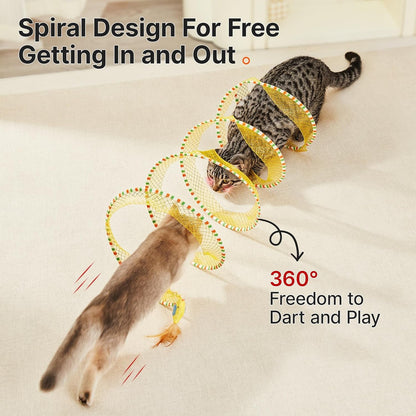 Potaroma Spiral Tunnel Cat Toy, Self Play Collapsible Spring Kitten Tunnel | for Indoor Cats, with Feather and Bell, 20 Inches Unfolded3