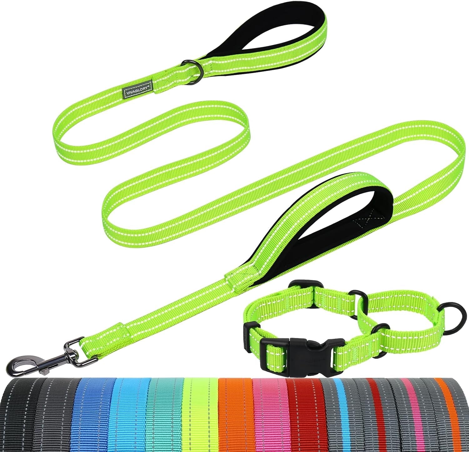 vivaglory-double-handle-dog-leash-twingrip-6ft-x-1in-navy-dog-leash-for-collar-with-traffic-handle-2-loop-for-walking-training-traffic-control-reflective-heavy-duty-puppy-pet