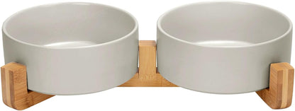 SPUNKYJUNKY Ceramic Dog and Cat Bowl with Wood Stand Non-Slip Matte Glaze Weighted Food Water Set for Cats &Small Dogs 13.5OZ9