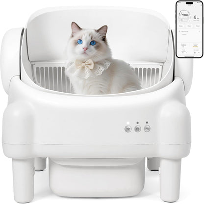 PARUUNTYS Self Cleaning Litter Box,Open Top Automatic Litter Box with App Control for Multiple Cats, Safety Sensors Protection, Odor Control Includes 2 Roll Liners,Large Waste Bin, Cream White1