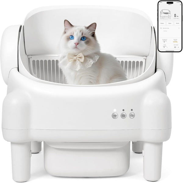PARUUNTYS Self Cleaning Litter Box,Open Top Automatic Litter Box with App Control for Multiple Cats, Safety Sensors Protection, Odor Control Includes 2 Roll Liners,Large Waste Bin, Cream White1