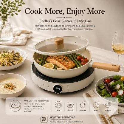 FIKA 5-Piece Ceramic Coated Nonstick Pots and Pans Set with Glass Lids, 18Cm Saucepan, 24Cm Frying Pan and Stockpot, Natural Wood Accents, Induction Compatible Cookware, Made in Korea4