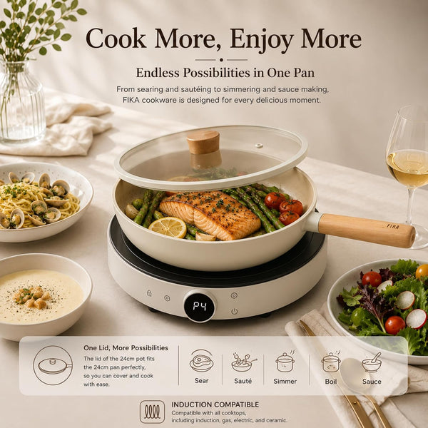 FIKA 5-Piece Ceramic Coated Nonstick Pots and Pans Set with Glass Lids, 18Cm Saucepan, 24Cm Frying Pan and Stockpot, Natural Wood Accents, Induction Compatible Cookware, Made in Korea4