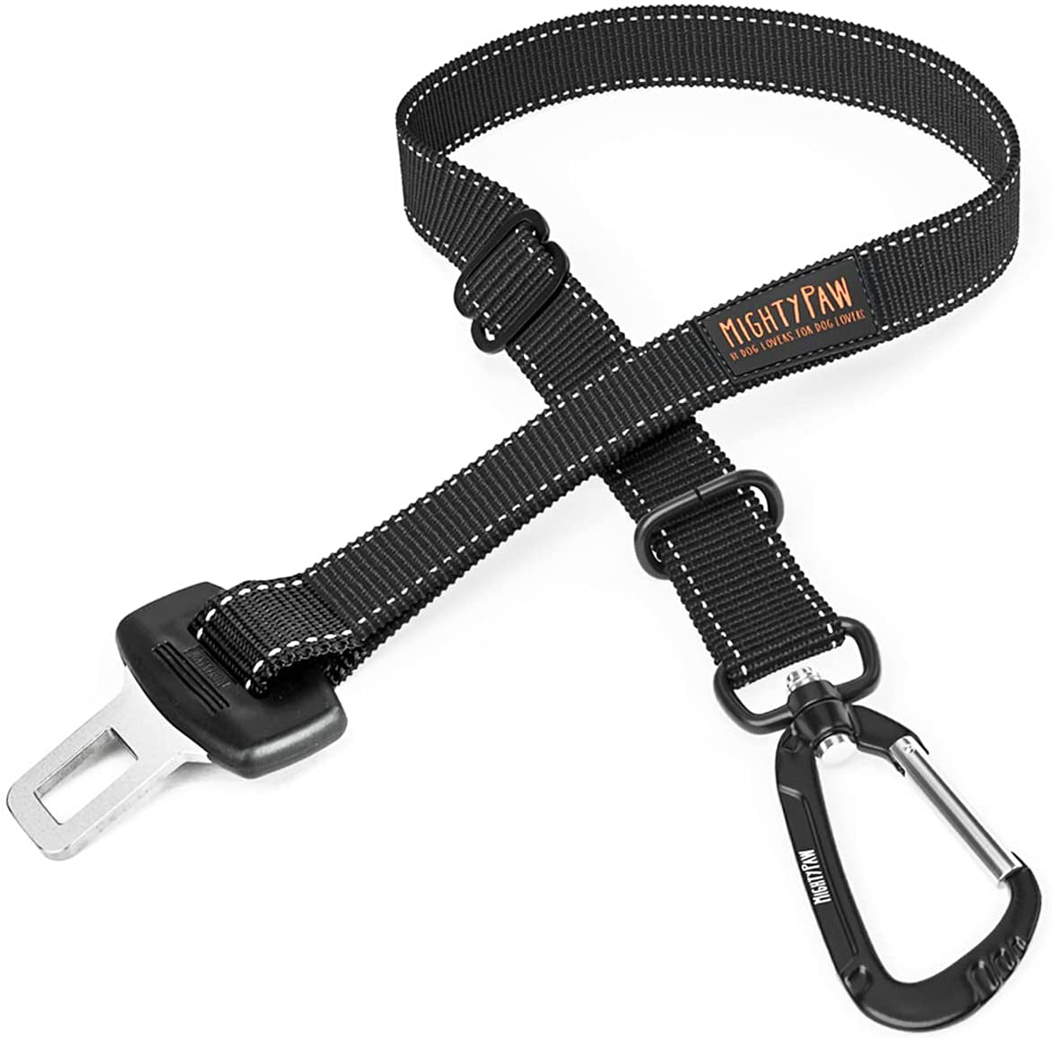 mighty-paw-dog-seat-belt-for-car-heavy-duty-aviation-aluminum-carabiner-850-lbs-force-rated-nylon-webbing-swivel-clip-16-26-in-adjustable