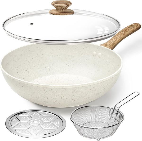 12 Inch Wok Pan with Lid - Woks & Stir-Fry Pans Nonstick Wok with Lid, Stir Fry Pan with Cool-Touch Handle, Induction Wok Set with Stainless Steamer & Fryer Basket1
