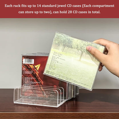 2 Pcs Clear Acrylic CD Holder, DVD/CD Display Rack & CD Storage Box & Vinyl Record Storage Stand Holds up to 14 Standard CD Cases for Media Shelf Storage and Organization3