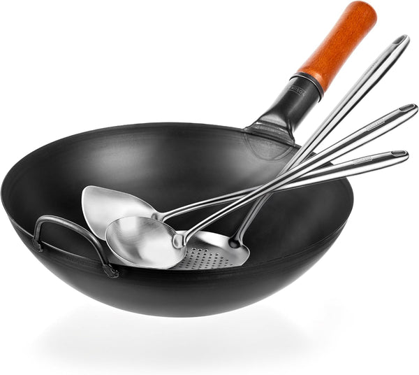 Carbon Steel Wok Pan – 13,5 “ Stir Fry Pans plus 17" Wok Spatula and Ladle Skimmer Spoon - Stainless Steel Cooking Utensils Set1