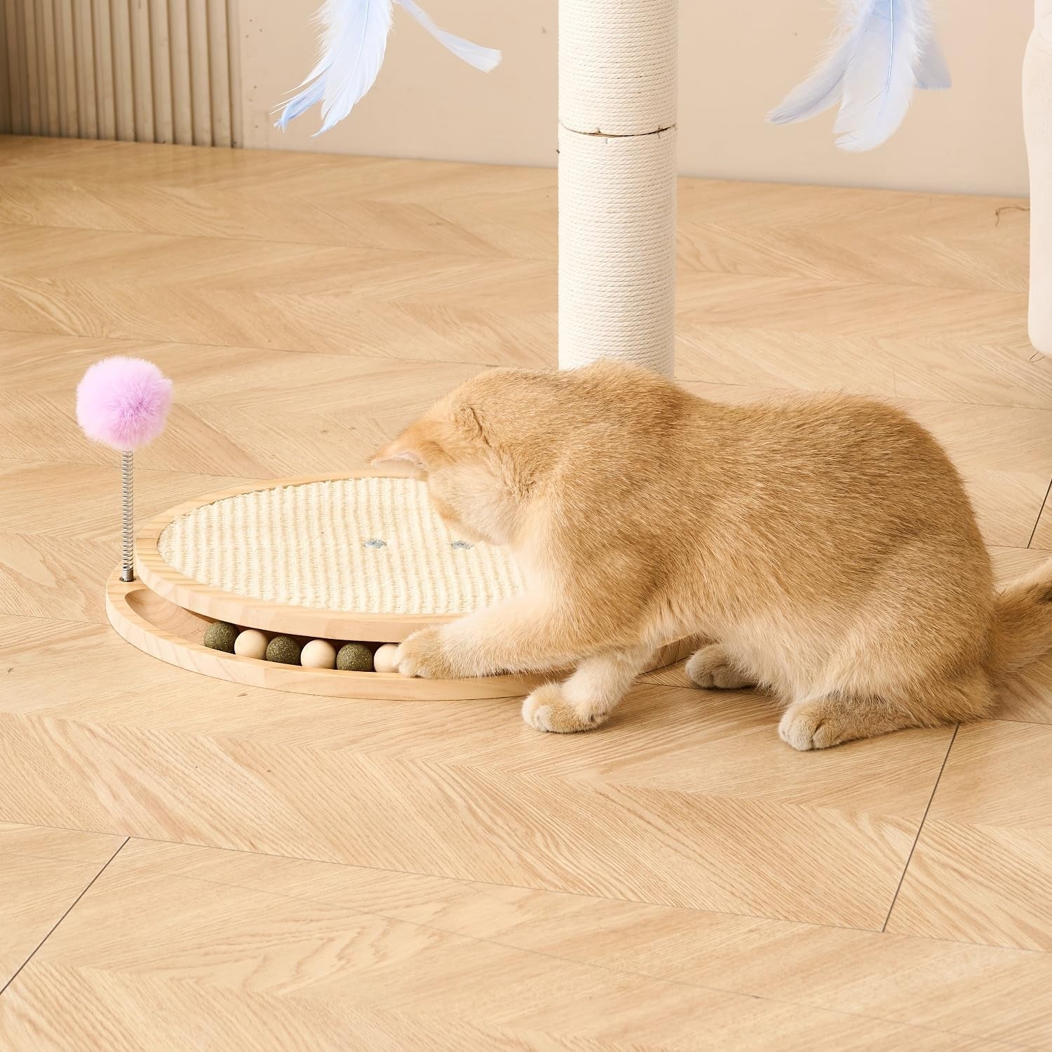 shengocase-cat-tree-scratching-post-scratcher-26-inch-tall-solid-wood-base-sisal-rope-interactive-ball-track-and-spinning-wand-feather-toys-scratch-pad