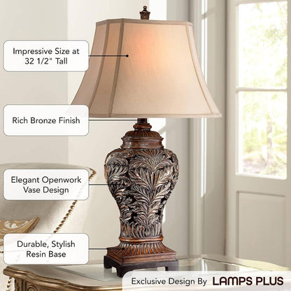 Leafwork 32 1/2" Table Lamp Large Bronze Brown Vase Cottage | Rectangular Shade Traditional Wood Living Room Bedroom Bedside Nightstand House Office Home Family Tan End3