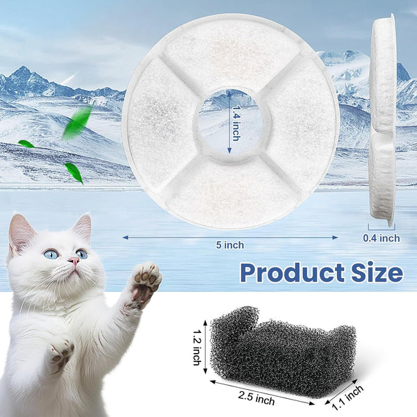 12 Pack Cat Water Fountain Filter, 8 Pcs Cat Fountain Filters Replacement Dia Is 5" & 4 Pcs Pre-Filter Sponges for 81Oz / 2.4L round Automatic Pet Water Fountain Dog Dispenser, 3-Filtration System3