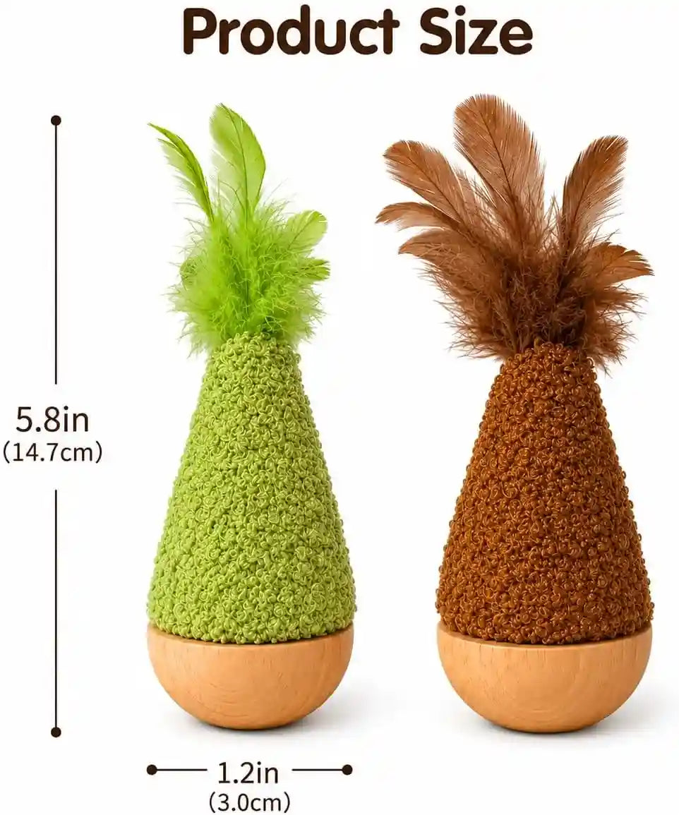2-pack-interactive-self-righting-wobble-cat-toy-with-feather-fluffy-plush-wooden-tumbler-for-bored-adult-indoor-cats-silent-self-play-cat-enrichment-toy-green-brown