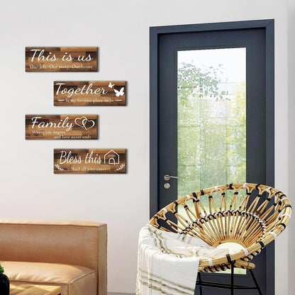 4 Pieces Home Wall Signs, THIS IS US/TOGETHER/BLESS THIS HOME/FAMILY Wall Decor for Living Room Bedroom, Rustic Wooden Farmhouse Wall Art , 4.7 X 13.8 Inch(Brown)9