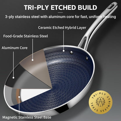 Hybrid Stainless Steel Cookware Set, 17-Piece Tri-Ply Pots and Pans Set Non Stick, Induction Kitchen Cookware Sets, Dishwasher & Oven Safe, PFOA Free, All Cooktops Compatible, Navy Blue8