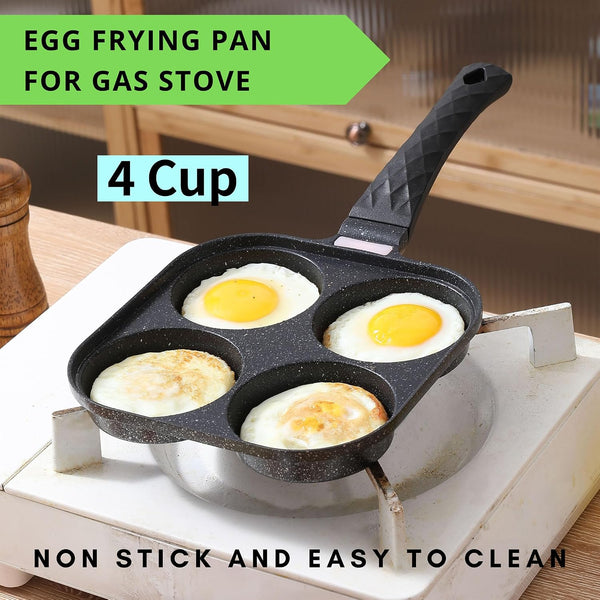 4-Cup Nonstick Egg Frying Pan Gas & Induction Omelette Skillet | Black 4-Hole Non Stick Egg Pan with 1 Spatula and 1 Brush. Perfect for Morning Pancakes, Bacon, and Quick Breakfast.3