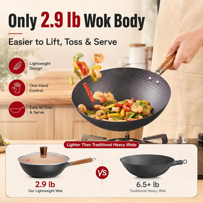 Lightweight Carbon Steel Wok Pan with Lid, 12.6" Flat Bottom Stir Fry Wok for Induction, Electric & Gas Stoves, 2.9 Lb Wok Body, Pre-Seasoned Nitrided Wok, No Chemical Coating2