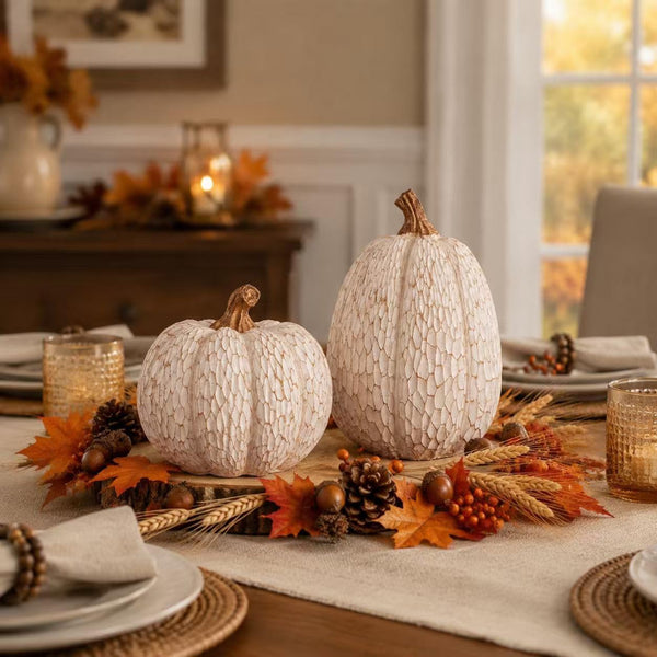 Fall Pumpkin Decor, Set of 2 Resin Pumpkins, Thanksgiving Decor | Elegant Textured White Pumpkins, Fall Decor Accent for Thanksgiving Table Centerpiece, Mantel, Shelf and Autumn Home Decor.5