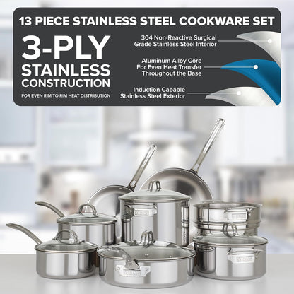 Viking 3-Ply Pots and Pans Set, 13 Piece Stainless Steel Cookware, Glass Lids, Strainer, Silver2