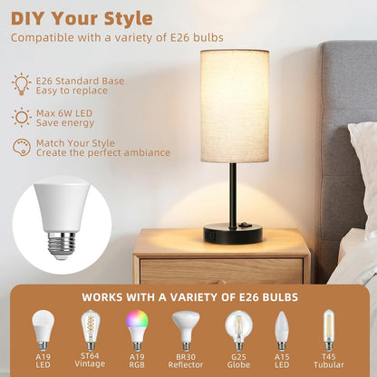 Table Lamp for Bedroom Set of 2, Bedside Small Lamps with 3 Way Dimmable Rocker Switch and AC Outlet, Nightstand Desk Lamp with Flaxen Fabric Shade Black Base for Living Room Home Decor Lights | E26 Bulbs,Ac Outlet,3 Way Dimmable,Rocker Switch,Desk Lamp Flaxen Fabric Shade Black Base 2Pack Bedroom Living Room Dorm Lamp3