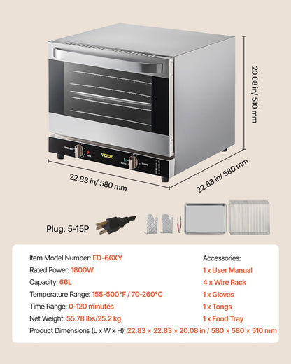 Commercial Convection Oven, 66L/60Qt, Half-Size Conventional Oven Countertop, 1800W 4-Tier Toaster W/Front Glass Door, W/Trays Wire Racks Clip Gloves, 120V | 60Qt, 1800W, 4-Tier Toaster,Front Glass Door, Electric Baking Oven with Tray & Wire Racks Included, for Bakery, 120V, 5-15P8