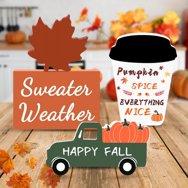 Fall Decor Fall Decorations for Home 4Pcs Wooden Coffee Cup Maple Leaf Car Sweater Weather Sign Farmhouse Table Tiered Tray Decor Thanksgiving Decorations1