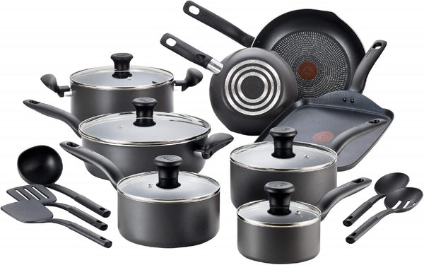 Initiatives Nonstick Cookware Set 18 Piece, Oven Broiler Safe 350F, Kitchen Cooking Set W/Fry Pans, Saucepans, Stockpots, Skillet, Spoons, Lids Pots and Pans Set Non Stick Dishwasher Safe Black1