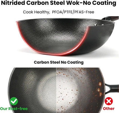 13 Inch Carbon Steel Wok with Lid, Large Flat Bottom Woks & Stir-Fry Pan | Large Chinese Wok Pan, 6.45QT, Nitrided Carbon Steel, No Chemical Coating, for All Stoves3