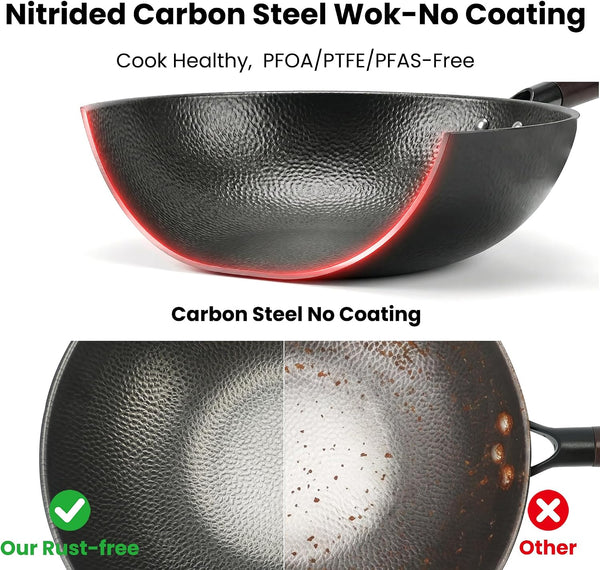 13 Inch Carbon Steel Wok with Lid, Large Flat Bottom Woks & Stir-Fry Pan | Large Chinese Wok Pan, 6.45QT, Nitrided Carbon Steel, No Chemical Coating, for All Stoves3