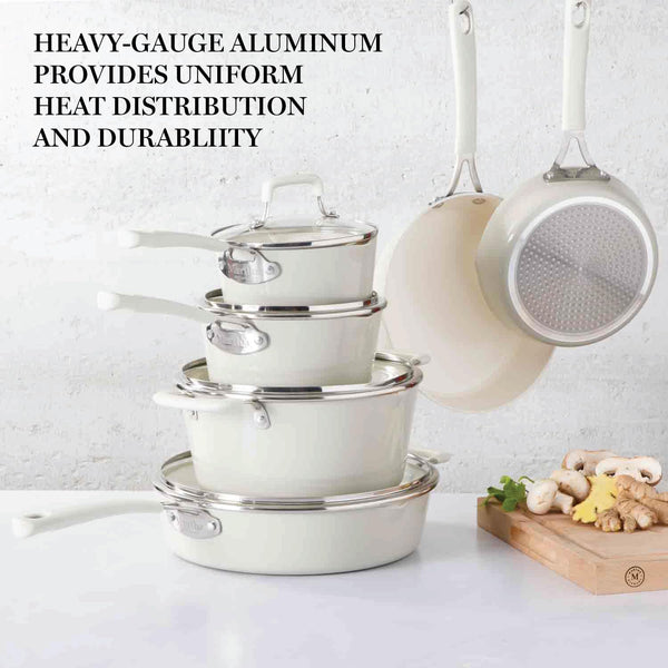 Heathland Premium Nonstick PFA Free Ceramic Interior 10-Piece Tapered Aluminum Cookware Set - Linen White3