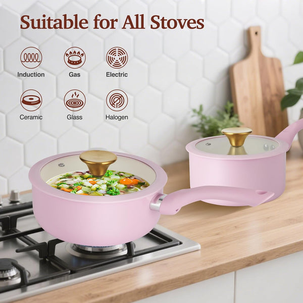 Pots and Pans Set Non Stick, 11Pcs Pink Ceramic Cookware Set | Compact Nonstick Cooking Set, Induction Cookware Set, PFOA & PFAS Free, Non-Toxic, Easy Food Release, Easy to Clean5