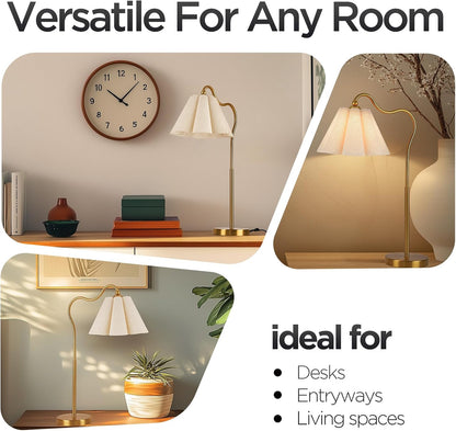 Table Lamp with Beige Pleated Linen Shade, Curved Gold Metal Base, E26 Socket – 23" Tall Modern Bedside Desk Lamp for Bedroom, Living Room, Office – Bulb Not Included8