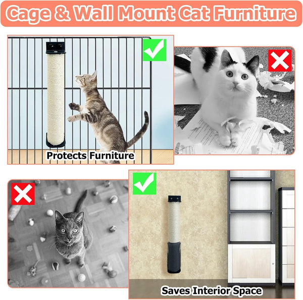 Cat Scratching Post Wall Mounted 2 Pack Cage Mount Cat Scratcher 2-In-1 Natural Sisal Kitty Scratch Posts with Self Groomer Massager for Scratch and Climbing 15.7X2.7In (White)7