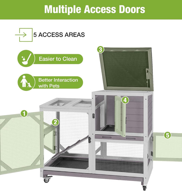 GUTINNEEN Wooden Duplex Rabbit Cage on Wheels with Chew-Proof Ramp, Grey | 4 Mobile Swivel Casters, 2-Story Design, Waterproof Rain Cover, 5 Access Doors, 2 Sliding Trays6